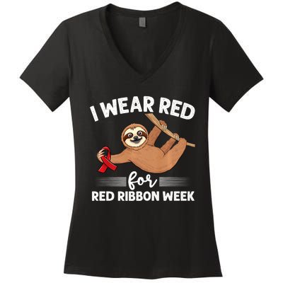 Hanging Sloth We Wear Red For Red Ribbon Week Awareness Women's V-Neck T-Shirt