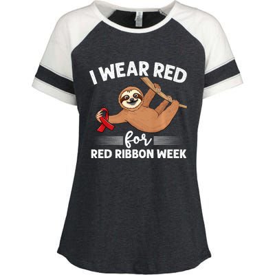 Hanging Sloth We Wear Red For Red Ribbon Week Awareness Enza Ladies Jersey Colorblock Tee