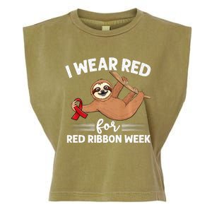 Hanging Sloth We Wear Red For Red Ribbon Week Awareness Garment-Dyed Women's Muscle Tee