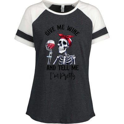 Halloween Skeleton With Red Wine Wine Glass Funny Halloween Enza Ladies Jersey Colorblock Tee