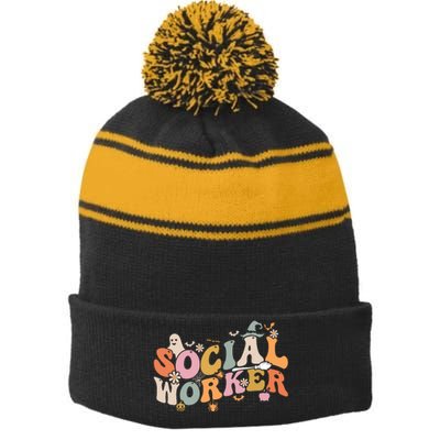 Halloween Social Worker Spooky Ghost Spooky Season Stripe Pom Pom Beanie