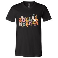 Halloween Social Worker Spooky Ghost Spooky Season V-Neck T-Shirt