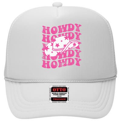 Howdy Southern Western Girl Country Rodeo Pink Cowgirl Retro High Crown Mesh Back Trucker Hat