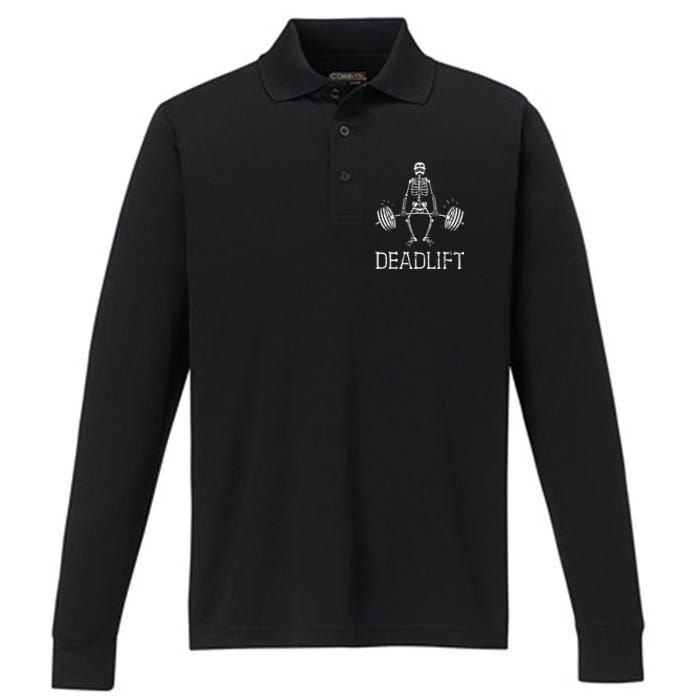 Halloween Skeleton Weight Lifting Workout Performance Long Sleeve Polo