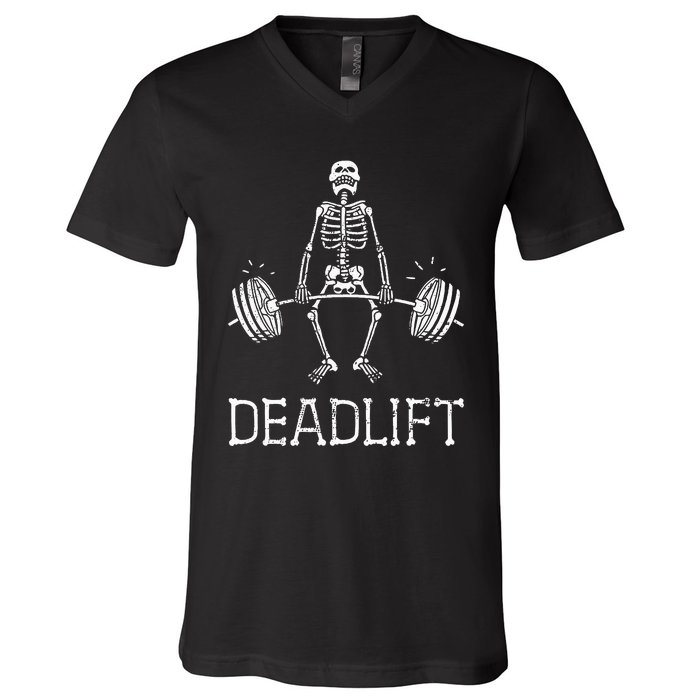 Halloween Skeleton Weight Lifting Workout V-Neck T-Shirt