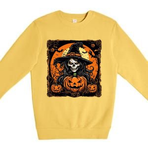 Halloween Scary Witch Skull With Bats And Pumpkins Premium Crewneck Sweatshirt