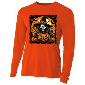 Halloween Scary Witch Skull With Bats And Pumpkins Cooling Performance Long Sleeve Crew