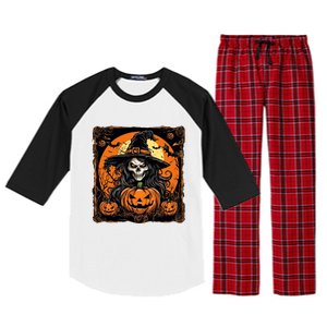 Halloween Scary Witch Skull With Bats And Pumpkins Raglan Sleeve Pajama Set