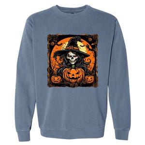 Halloween Scary Witch Skull With Bats And Pumpkins Garment-Dyed Sweatshirt