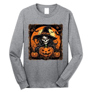 Halloween Scary Witch Skull With Bats And Pumpkins Long Sleeve Shirt