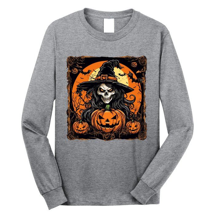 Halloween Scary Witch Skull With Bats And Pumpkins Long Sleeve Shirt