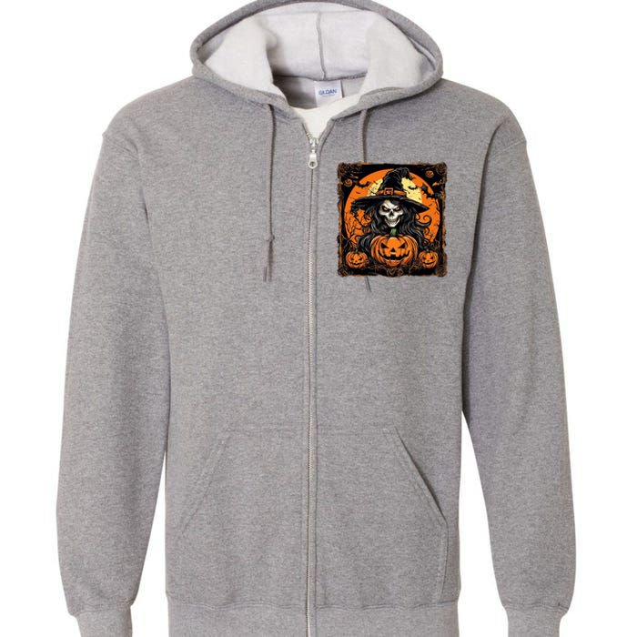 Halloween Scary Witch Skull With Bats And Pumpkins Full Zip Hoodie