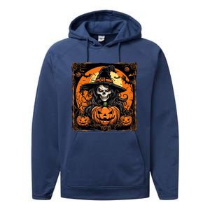 Halloween Scary Witch Skull With Bats And Pumpkins Performance Fleece Hoodie