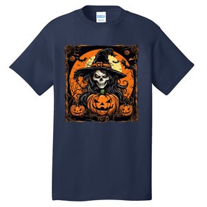 Halloween Scary Witch Skull With Bats And Pumpkins Tall T-Shirt