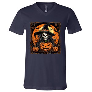 Halloween Scary Witch Skull With Bats And Pumpkins V-Neck T-Shirt