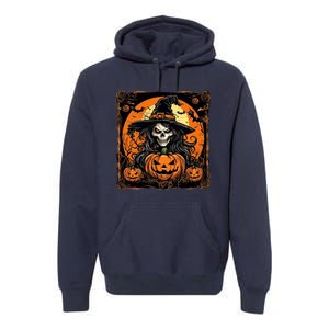 Halloween Scary Witch Skull With Bats And Pumpkins Premium Hoodie