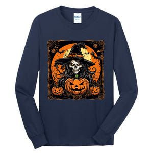 Halloween Scary Witch Skull With Bats And Pumpkins Tall Long Sleeve T-Shirt