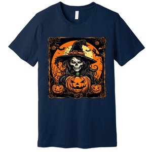 Halloween Scary Witch Skull With Bats And Pumpkins Premium T-Shirt