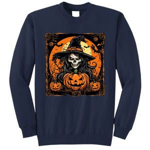 Halloween Scary Witch Skull With Bats And Pumpkins Tall Sweatshirt