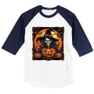 Halloween Scary Witch Skull With Bats And Pumpkins Baseball Sleeve Shirt