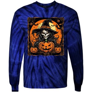 Halloween Scary Witch Skull With Bats And Pumpkins Tie-Dye Long Sleeve Shirt