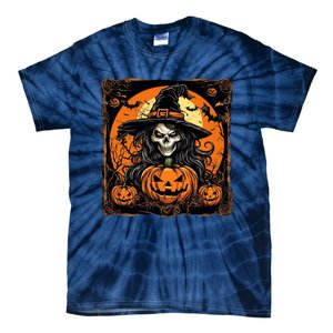 Halloween Scary Witch Skull With Bats And Pumpkins Tie-Dye T-Shirt