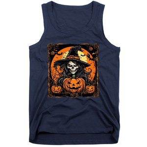 Halloween Scary Witch Skull With Bats And Pumpkins Tank Top