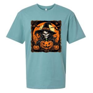 Halloween Scary Witch Skull With Bats And Pumpkins Sueded Cloud Jersey T-Shirt