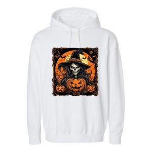 Halloween Scary Witch Skull With Bats And Pumpkins Garment-Dyed Fleece Hoodie