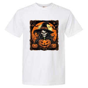 Halloween Scary Witch Skull With Bats And Pumpkins Garment-Dyed Heavyweight T-Shirt