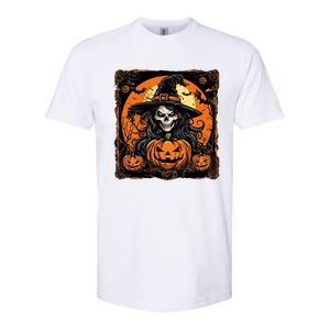 Halloween Scary Witch Skull With Bats And Pumpkins Softstyle CVC T-Shirt