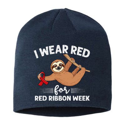 Hanging sloth We Wear Red For Red Ribbon Week Awareness Sustainable Beanie