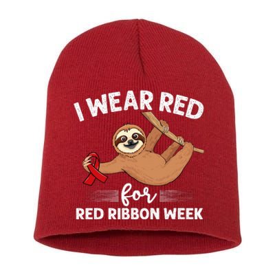 Hanging sloth We Wear Red For Red Ribbon Week Awareness Short Acrylic Beanie