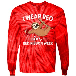 Hanging sloth We Wear Red For Red Ribbon Week Awareness Tie-Dye Long Sleeve Shirt