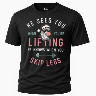 He Sees You When YouRe Lifting Skip Legs Santa Christmas Cooling Performance Crew T-Shirt