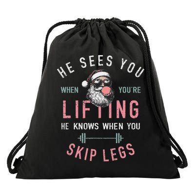 He Sees You When YouRe Lifting Skip Legs Santa Christmas Drawstring Bag