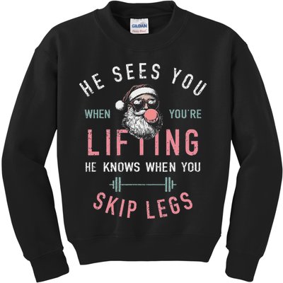 He Sees You When YouRe Lifting Skip Legs Santa Christmas Kids Sweatshirt
