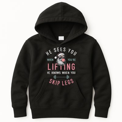 He Sees You When YouRe Lifting Skip Legs Santa Christmas Kids Hoodie
