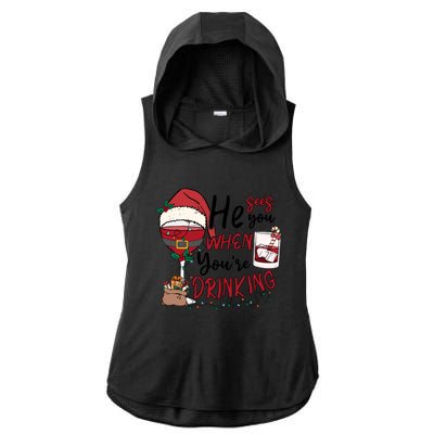 He Sees You When You're Drinking Funny Santa Hat Christmas Lights Ladies PosiCharge Tri-Blend Wicking Draft Hoodie Tank