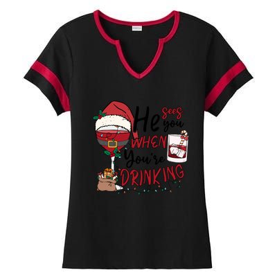 He Sees You When You're Drinking Funny Santa Hat Christmas Lights Ladies Halftime Notch Neck Tee