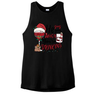 He Sees You When You're Drinking Funny Santa Hat Christmas Lights Ladies PosiCharge Tri-Blend Wicking Tank