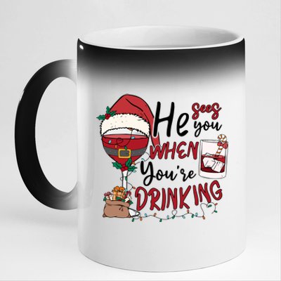 He Sees You When You're Drinking Funny Santa Hat Christmas Lights 11oz Black Color Changing Mug