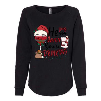 He Sees You When You're Drinking Funny Santa Hat Christmas Lights Womens California Wash Sweatshirt