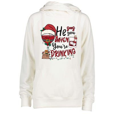 He Sees You When You're Drinking Funny Santa Hat Christmas Lights Womens Funnel Neck Pullover Hood