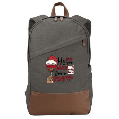 He Sees You When You're Drinking Funny Santa Hat Christmas Lights Cotton Canvas Backpack