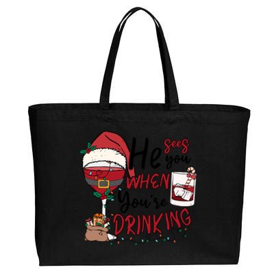 He Sees You When You're Drinking Funny Santa Hat Christmas Lights Cotton Canvas Jumbo Tote