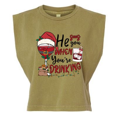 He Sees You When You're Drinking Funny Santa Hat Christmas Lights Garment-Dyed Women's Muscle Tee