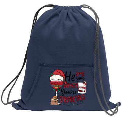 He Sees You When You're Drinking Funny Santa Hat Christmas Lights Sweatshirt Cinch Pack Bag