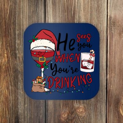 He Sees You When You're Drinking Funny Santa Hat Christmas Lights Coaster