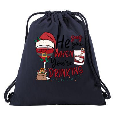 He Sees You When You're Drinking Funny Santa Hat Christmas Lights Drawstring Bag